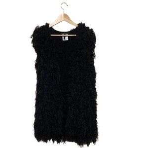BCBGMAXAZRIA Black Shaggy Long Open Front Vest Womens Sz S Witchy Goth Mob Wife‎